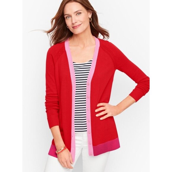 Talbots Petite Women's Red Pink Lightweight Long Sleeve Cardigan Cotton Blend LP - Picture 1 of 9